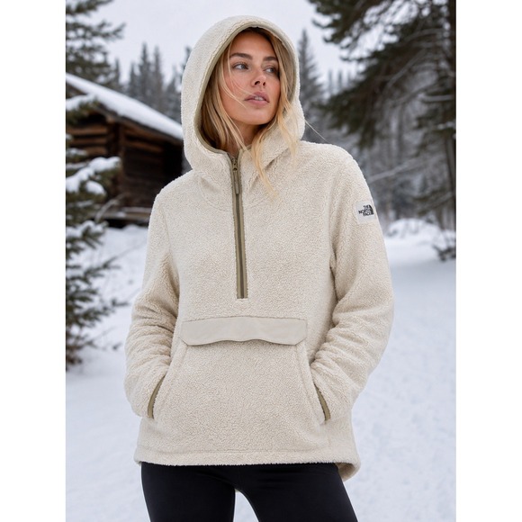 The North Face Tops - The North Face Campshire Hoodie Women's XL Cream Sherpa Fleece Zip Pullover